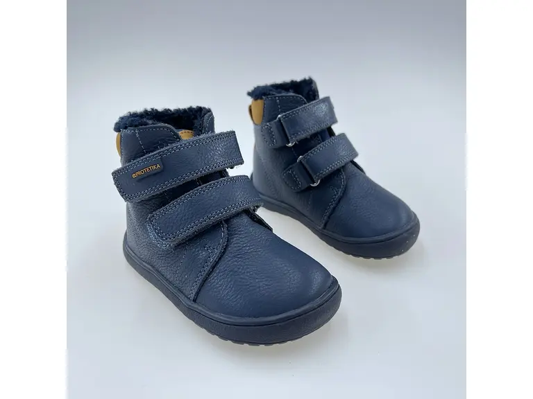 Detské kvalitné kožené teplé modré texové barefoot členkové topánky Daryk denim
