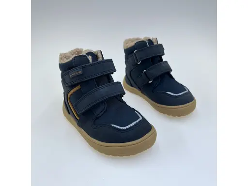 Detské kvalitné kožené teplé modré texové barefoot členkové topánky Gero denim