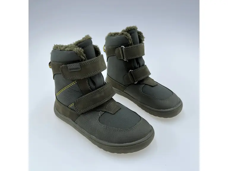 Detské kvalitné kožené teplé zelené texové barefoot členkové topánky Leno khaki